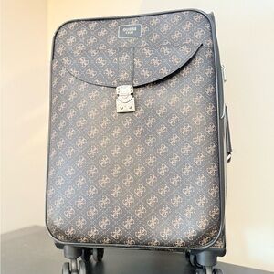 GUESS Black and Brown Monogram Spinner Carry-On